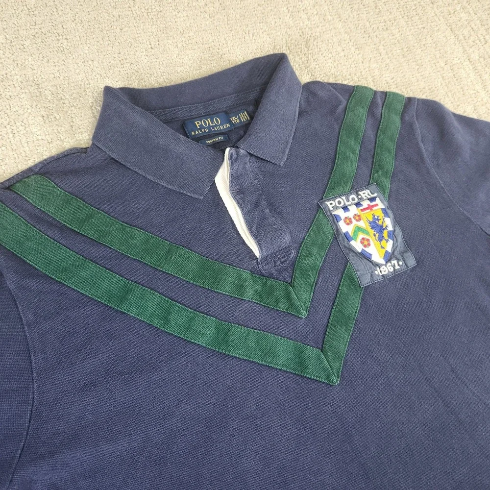 Polo Ralph Lauren Rugby‎ Shirt Men XXL Dragon Crest Big Logo Blue Custom Fit Y2K